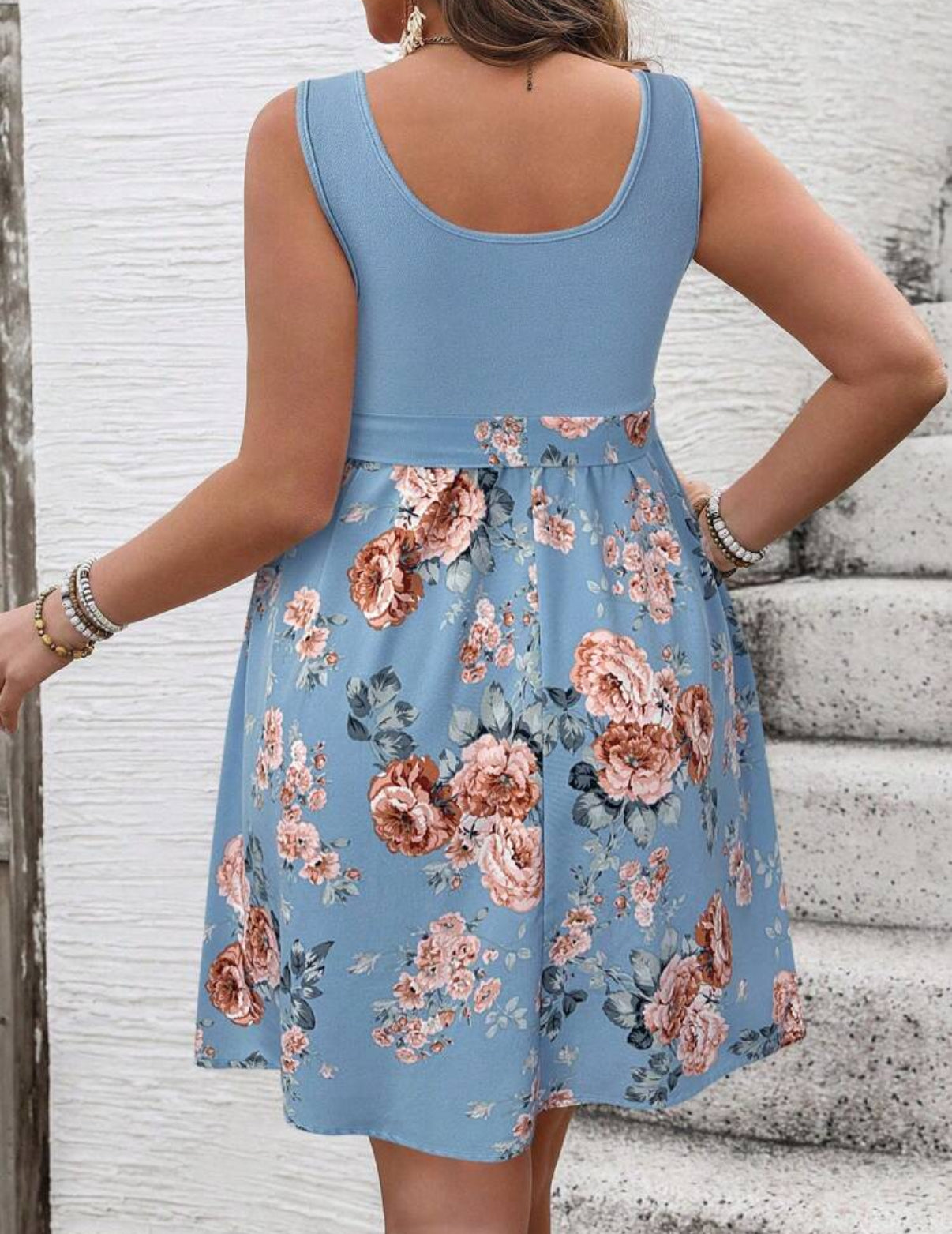 Curve Blue Floral Tie Waist Dress
