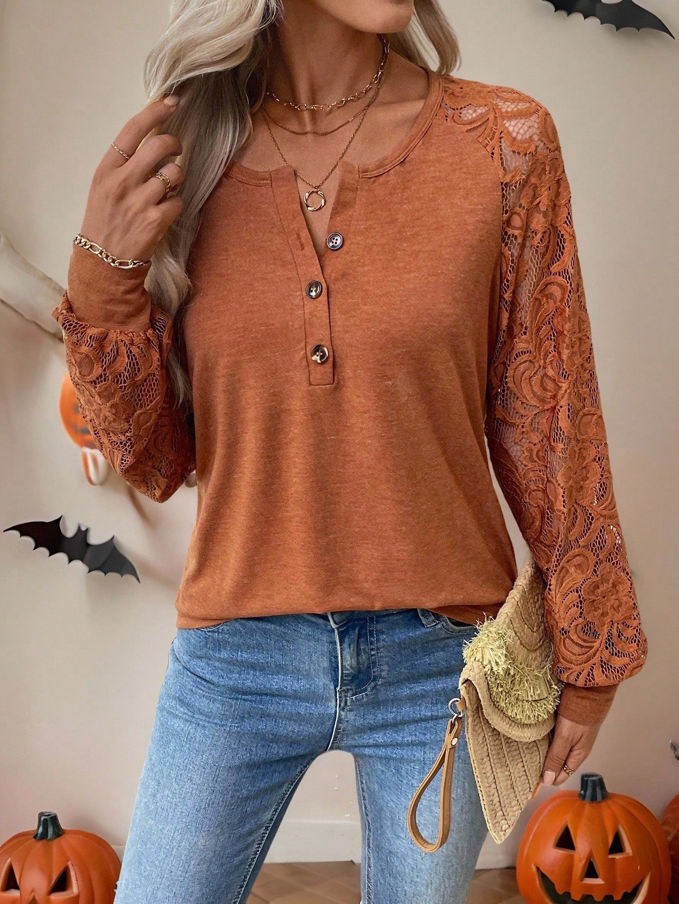 Burnt Orange Top w/ Lace Sleeves