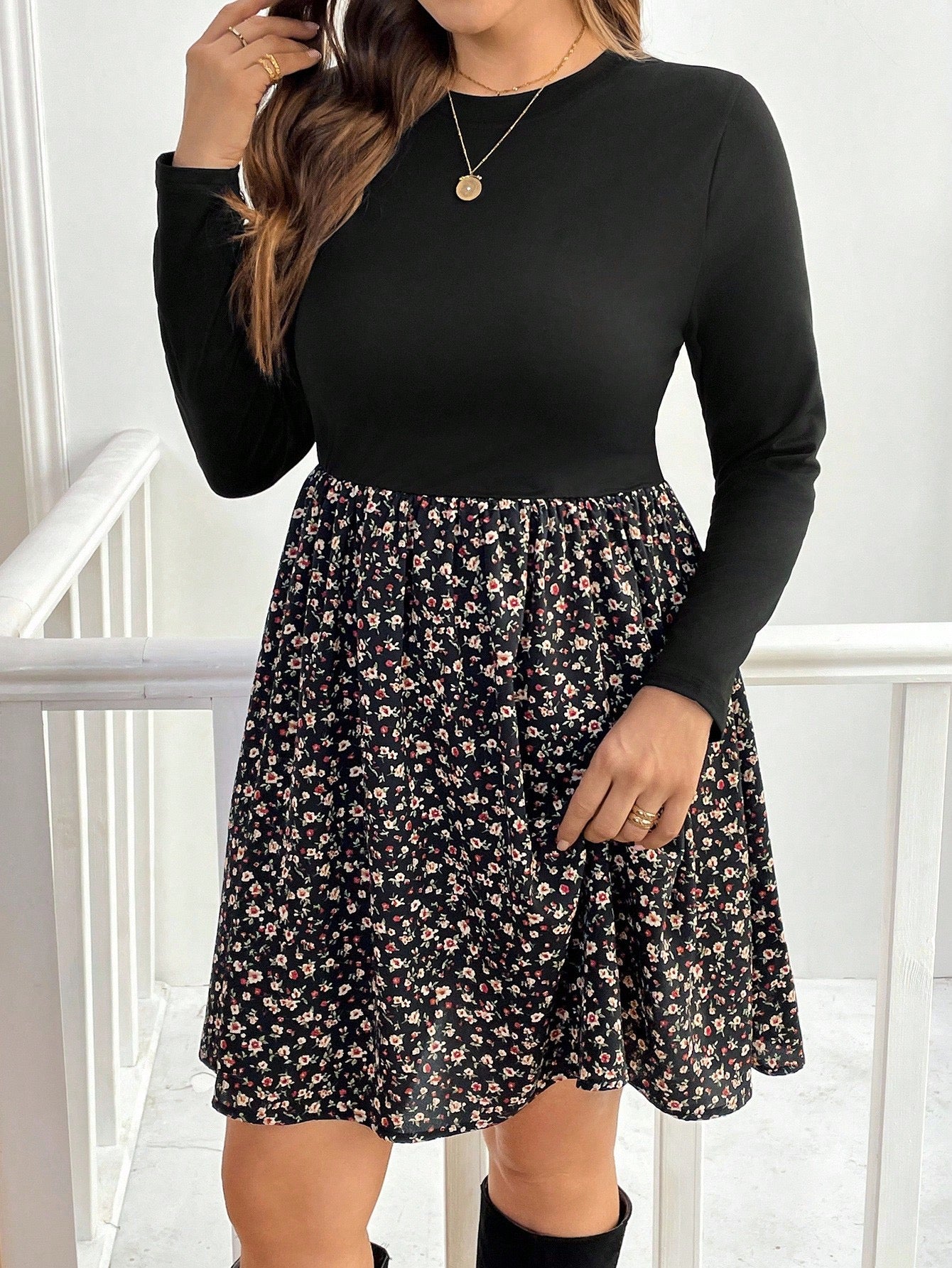 Plus- Black & Floral Dress
