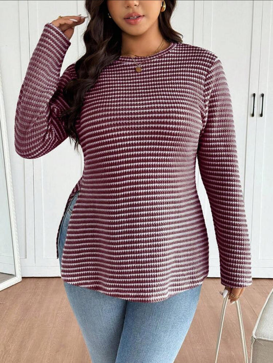 Plus Size Striped Maroon Top w/Side Slit