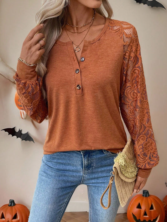 Burnt Orange Top w/ Lace Sleeves