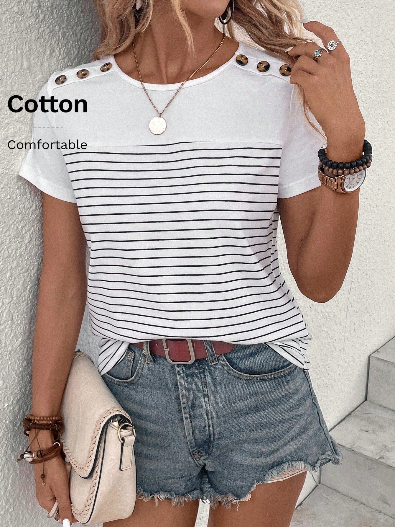 Striped Button Detail Top - Multiple Color Options