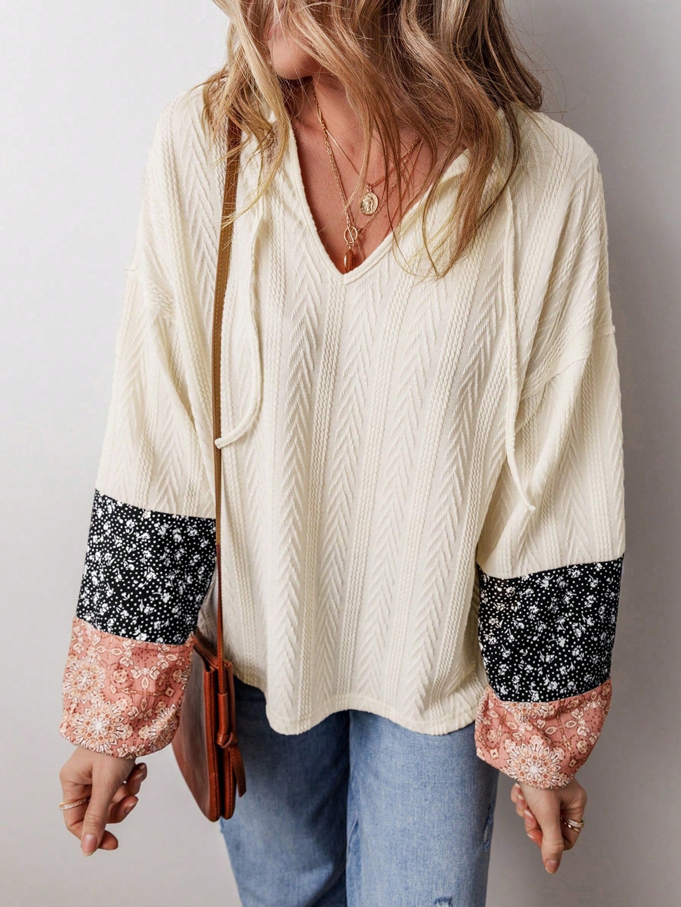 Women’s Long Sleeve Top w/ Multicolor Floral Sleeve Detail