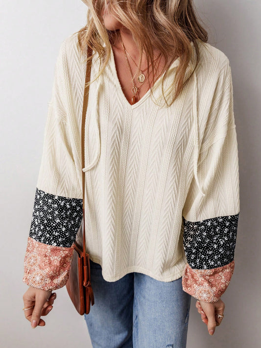 Women’s Long Sleeve Top w/ Multicolor Floral Sleeve Detail