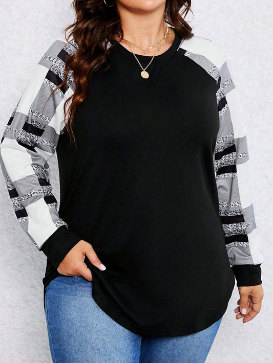 Plus Size Black Top w/ Checkered Sleeves