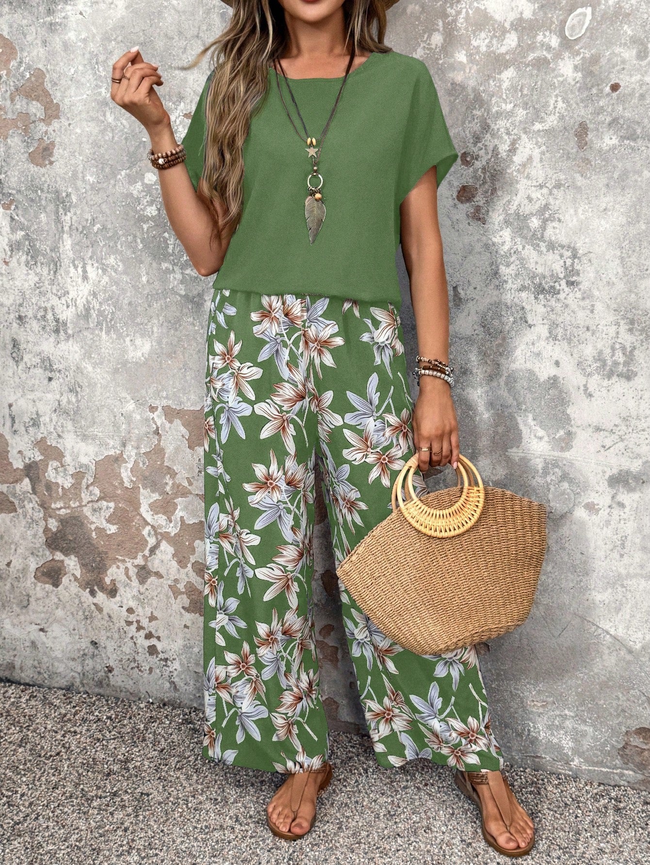 Solid Top & Floral Wide Leg Pants Set - Multiple Color Options