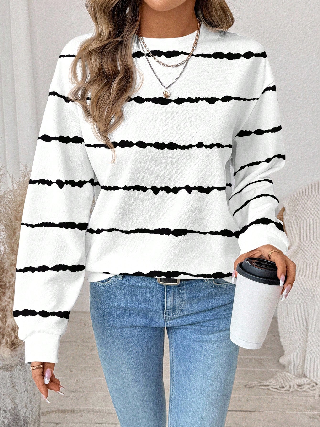 White & Black Stripe Long Sleeve Top