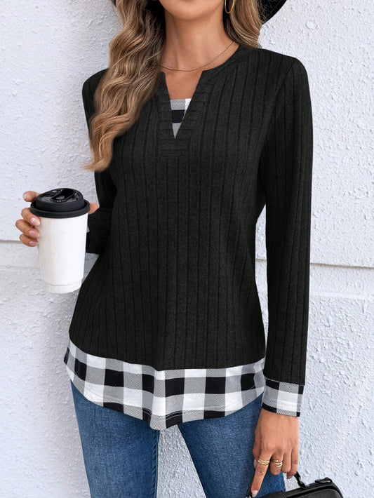 Black Long Sleeve Top w/ Buffalo Check Peek-a-boo