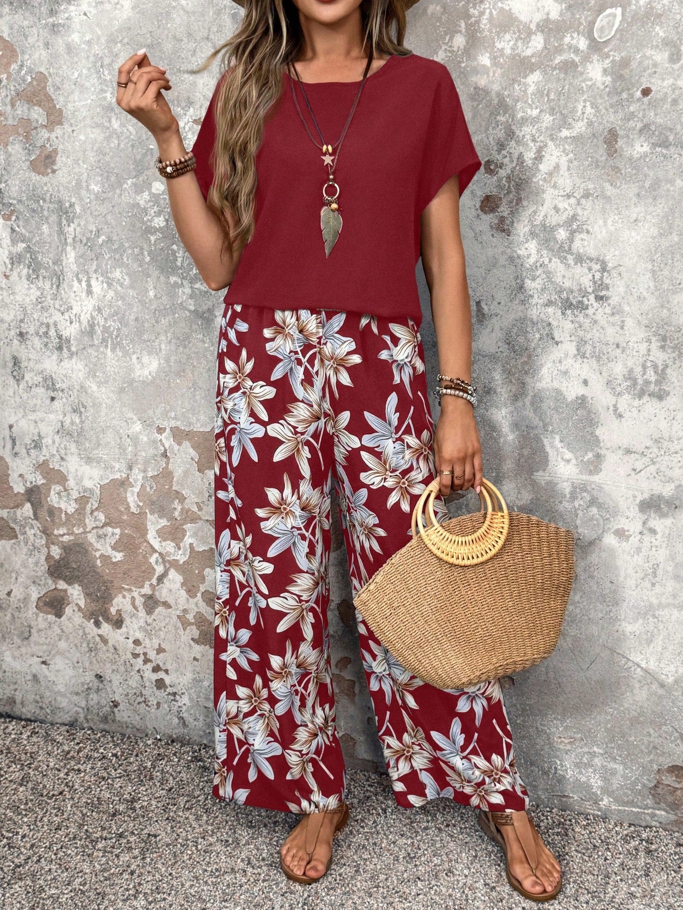 Solid Top & Floral Wide Leg Pants Set - Multiple Color Options