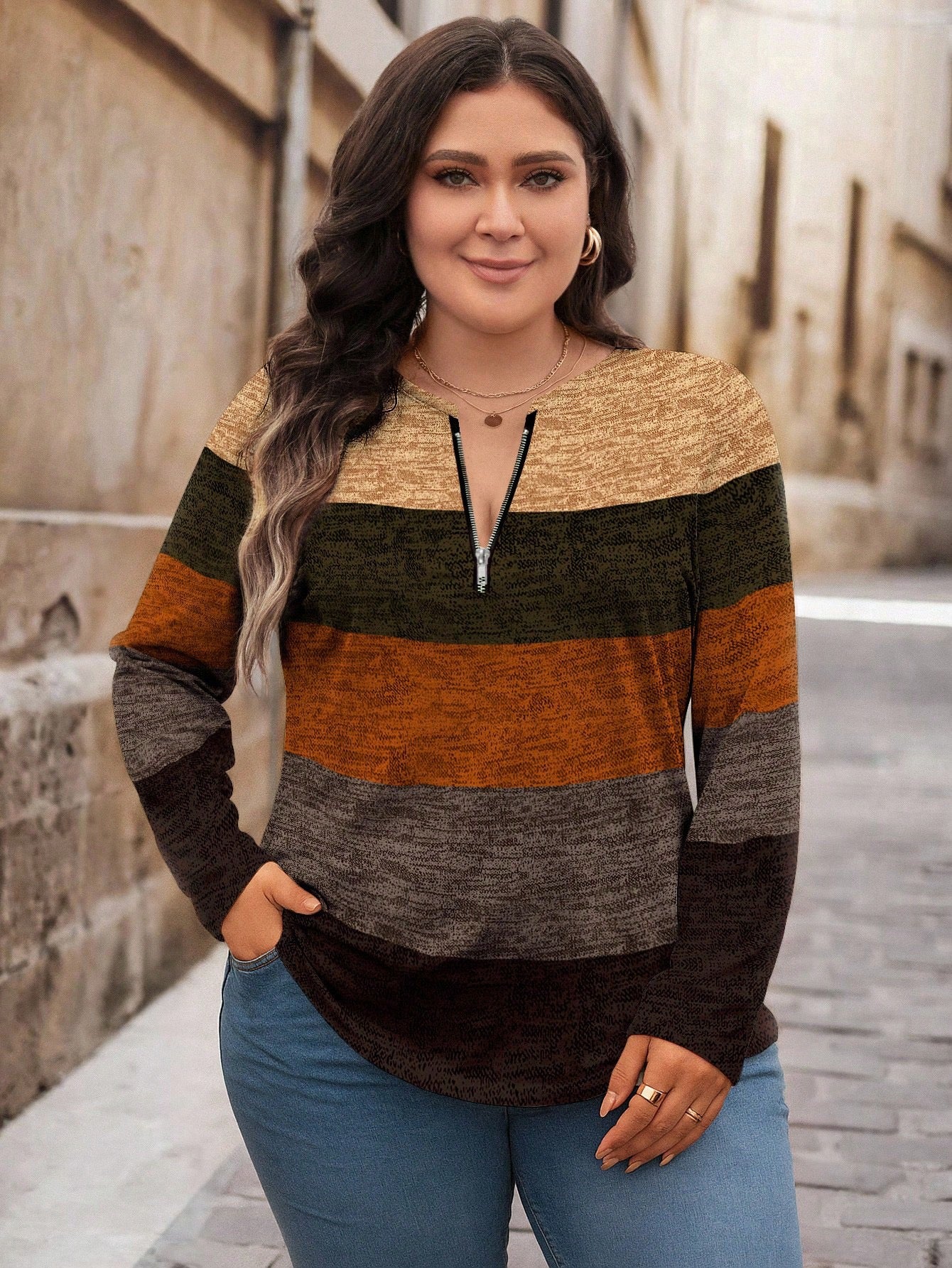 Plus - Striped Top w/ Zipper Detail