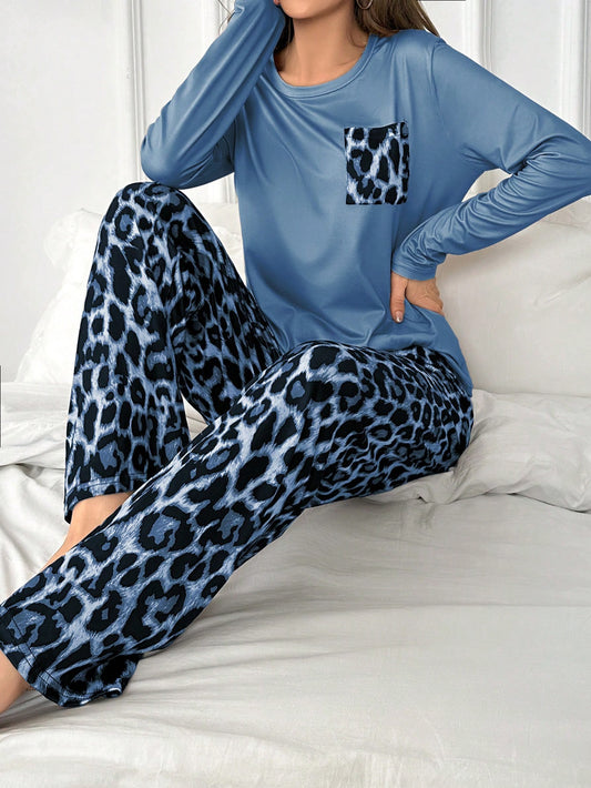 Blue Cozy Leopard Lounge Set
