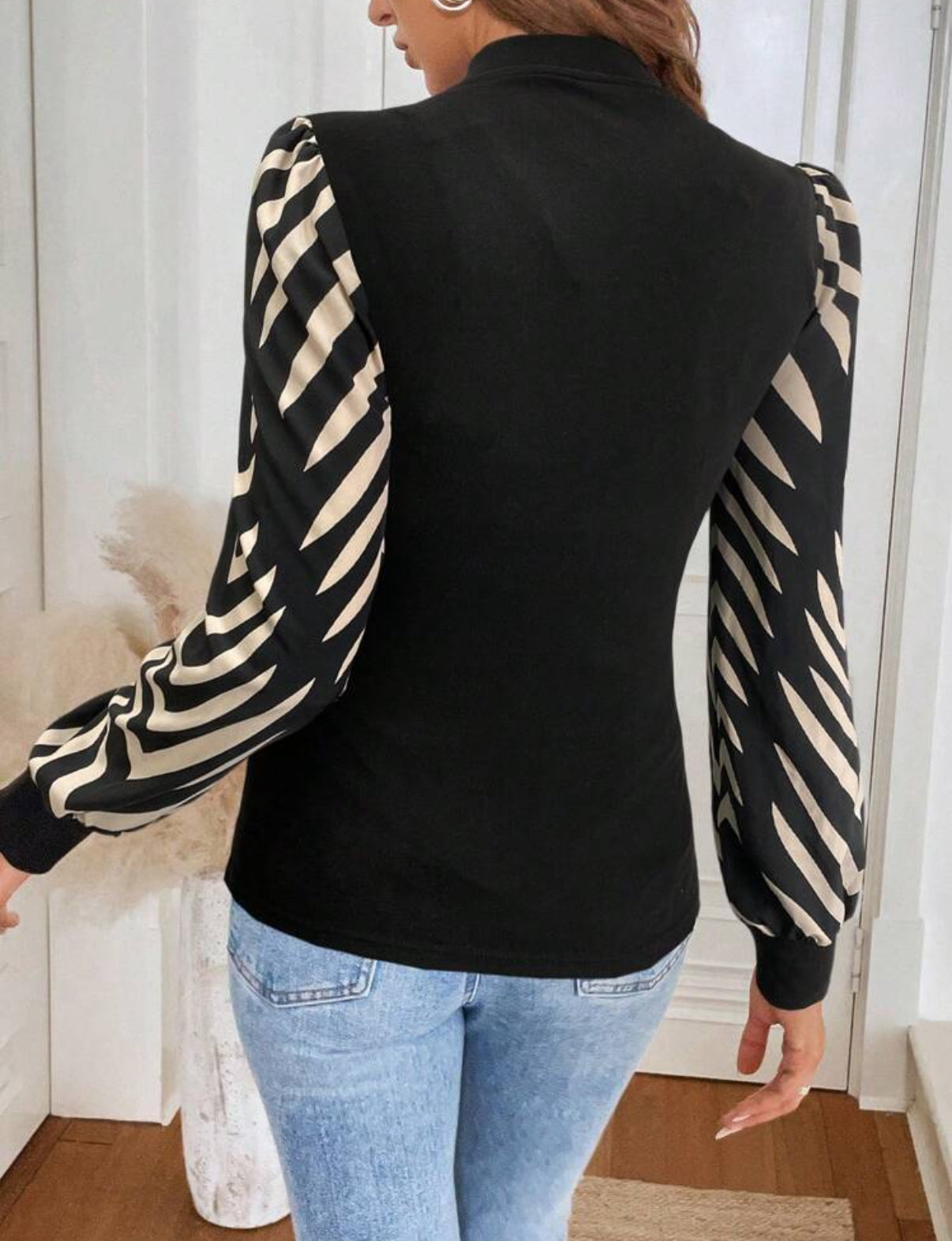 Long Sleeve Black Top w/ Patterned Sleeve