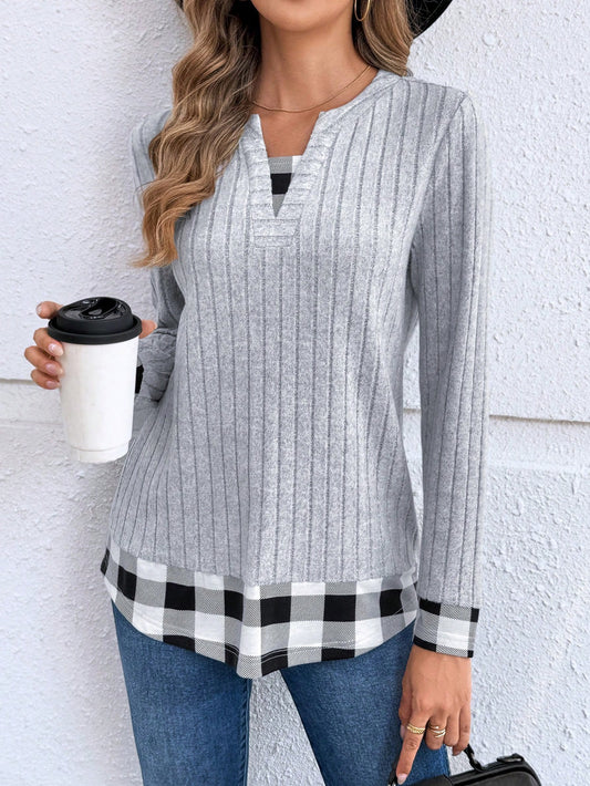 Grey Long Sleeve Top w/ Buffalo Check Peek-a-boo
