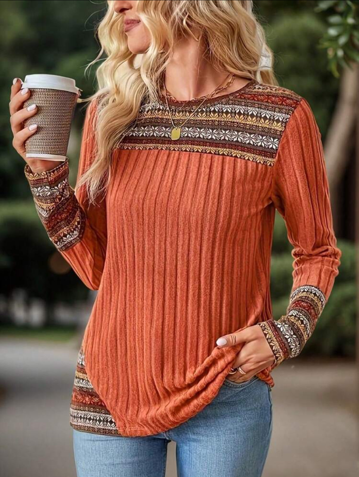 Plus Size Burnt Orange Top w/ Floral Details