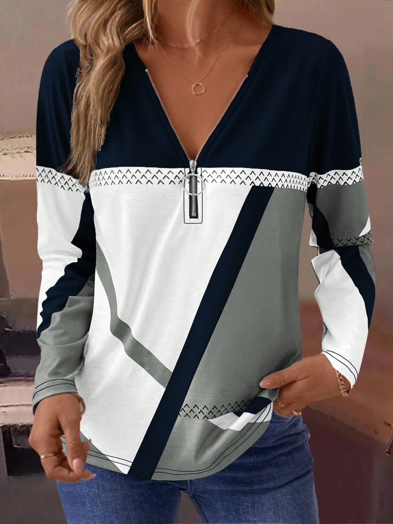 Black, White & Grey Top w/ Zipper Detail