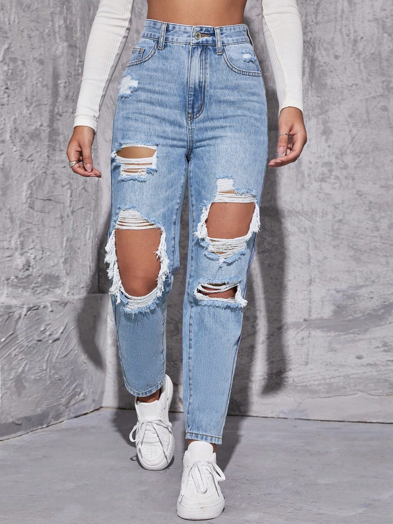 Distressed Straight Leg Jeans - High Waisted - Multiple Color Options