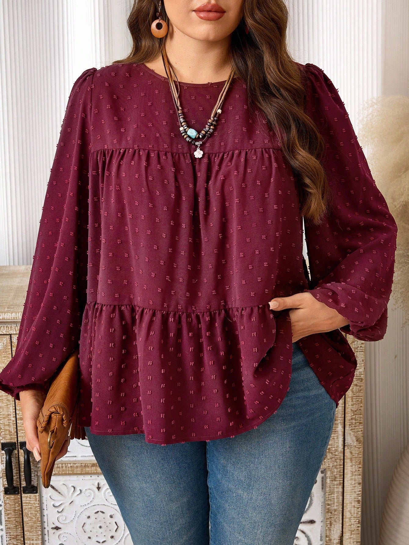 Plus Size Maroon French Dot Top