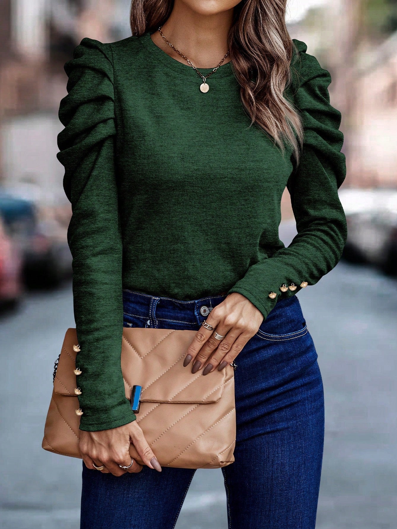 Dark Green Long Sleeve Ruffle Top