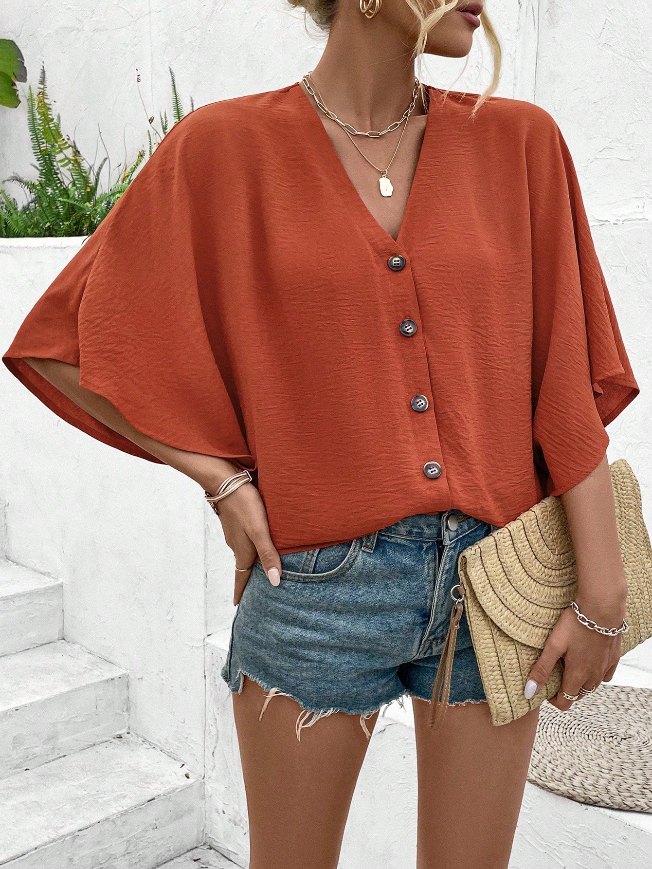 Rust Oversized Button Top