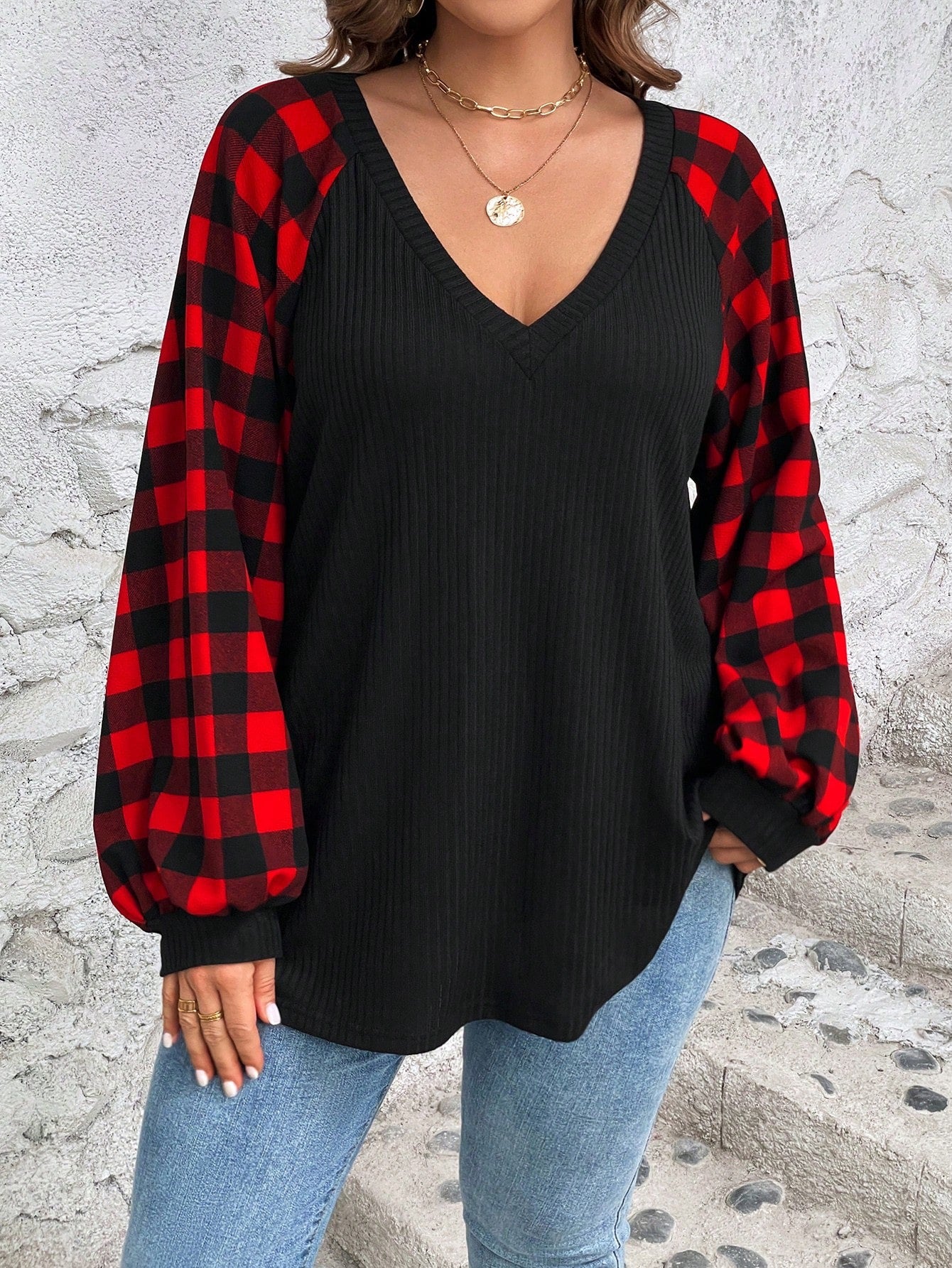 Plus Size Buffalo Check Sleeve Top