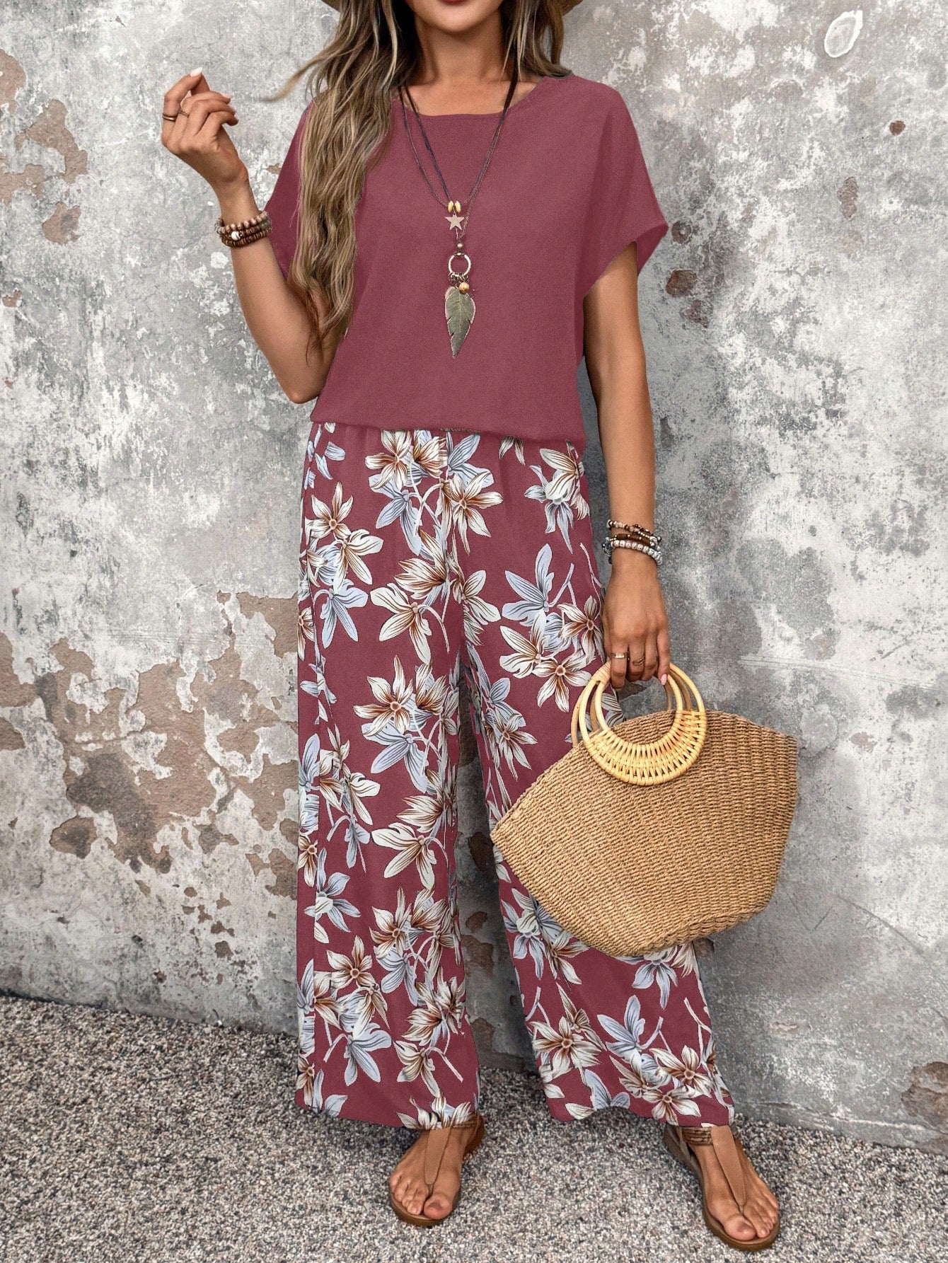 Solid Top & Floral Wide Leg Pants Set - Multiple Color Options