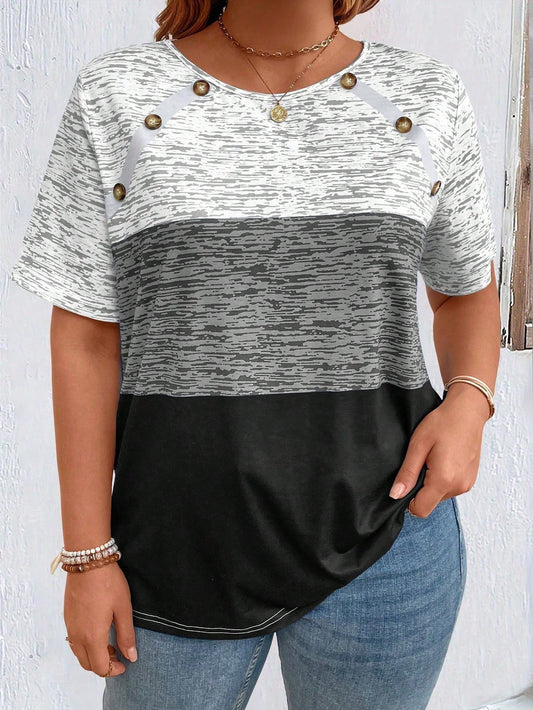 Plus- White, Grey & Black Top w/ Button Detail