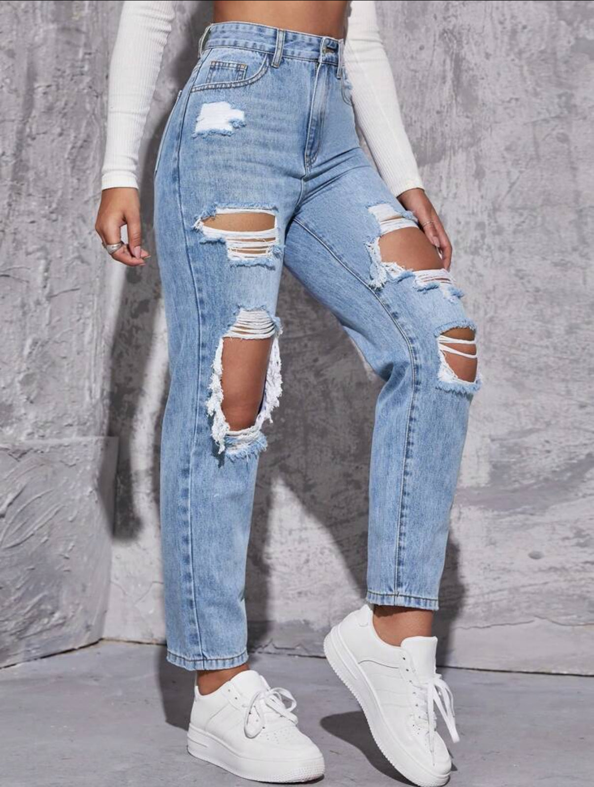 Distressed Straight Leg Jeans - High Waisted - Multiple Color Options