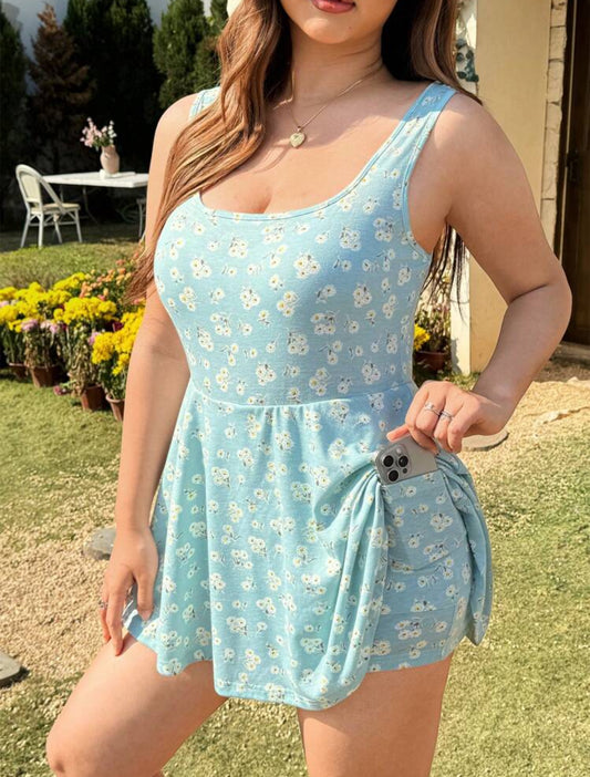 Curve Blue Floral Dress w/ Built in Bikers