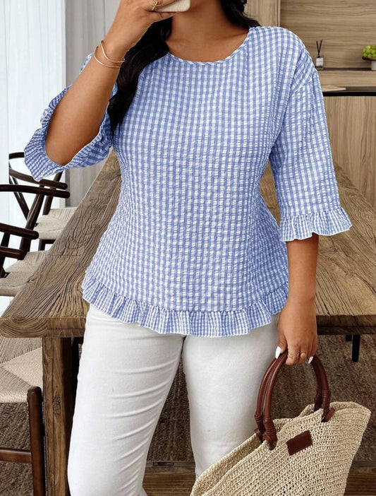 Plus Size Blue Checkered Top