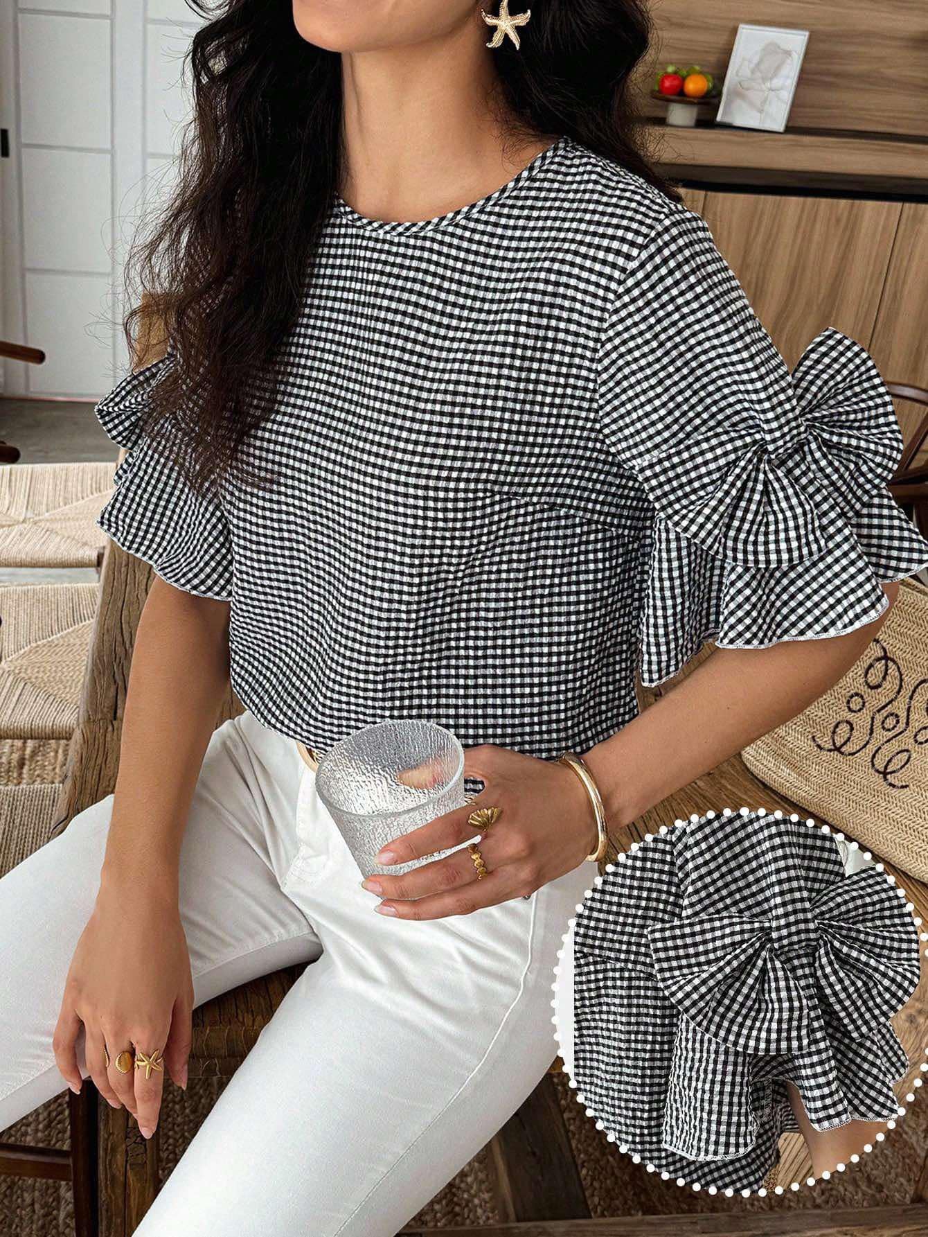 Checkered Bow Sleeve Top